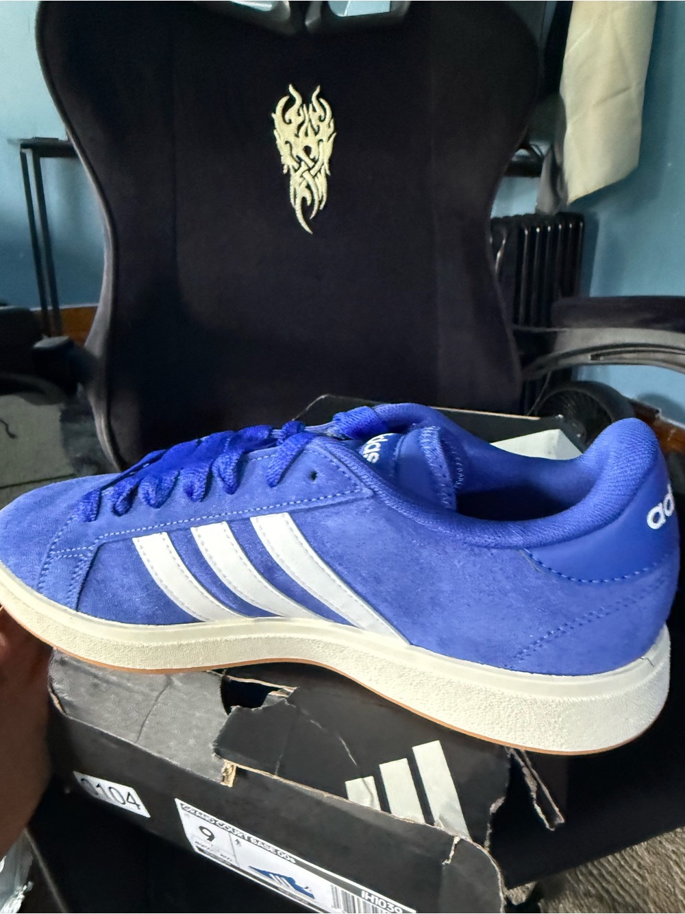 adidas Blue Suede Court-Style Men’s Sneakers with White Stripes